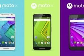 Imagem com o Moto X Style, Moto X Play e Moto G de frente exibidos em frente as cores azul, verde e roxo, respectivamente