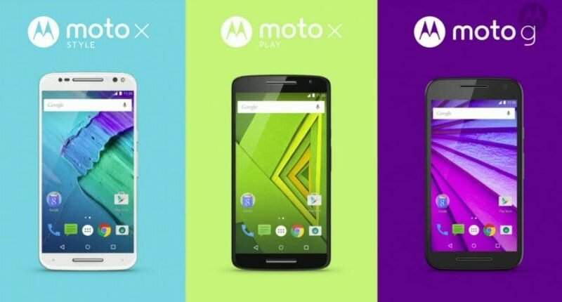 Imagem com o Moto X Style, Moto X Play e Moto G de frente exibidos em frente as cores azul, verde e roxo, respectivamente