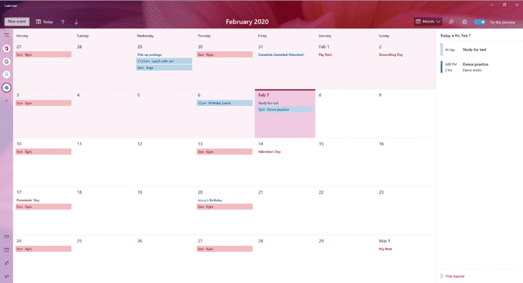 Windows 10 Insider Calendário