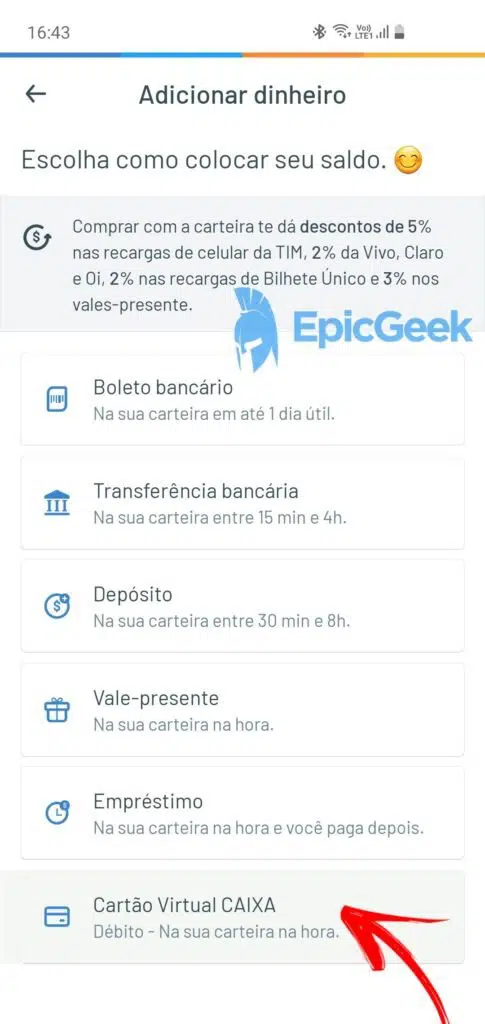 RecargaPay - Selecione o Cartão virtual CAIXA