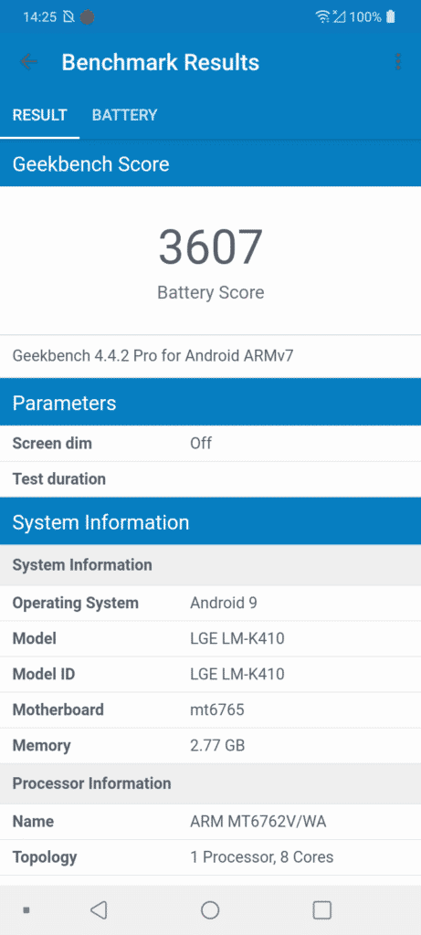 LG K41s - Geekbench 4 Pro (Bateria)