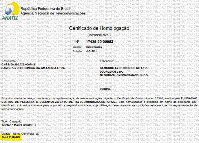 Anatel - Samsung Galaxy SM-A326B