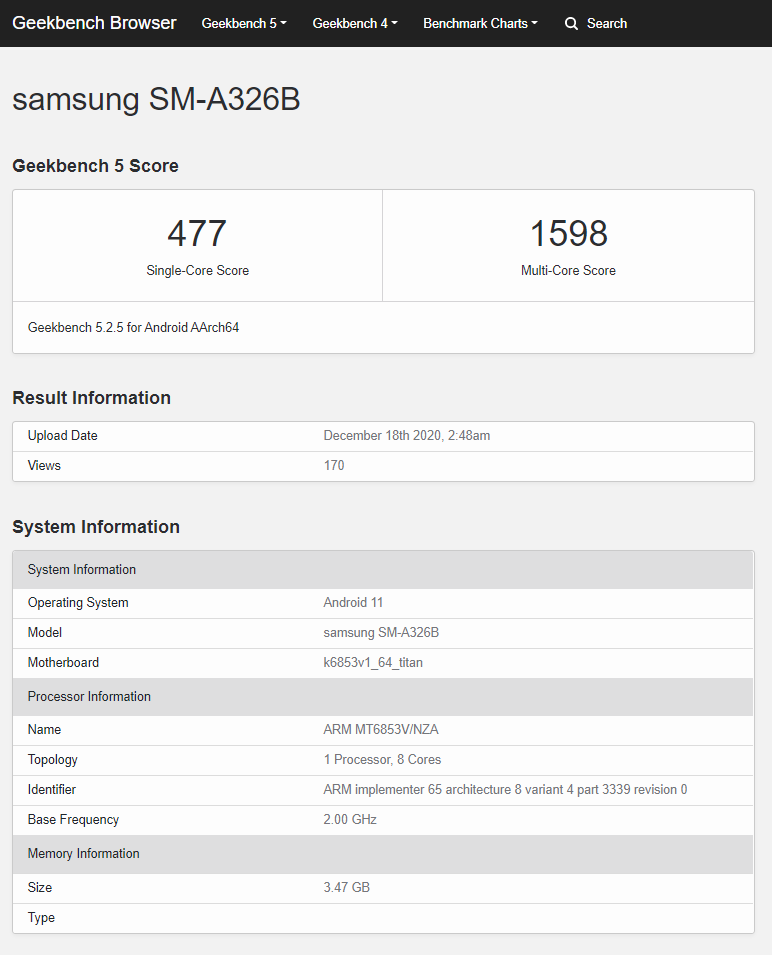 Geekbench 5.2.5 - Samsung Galaxy A32 5G (SM-A326B)
