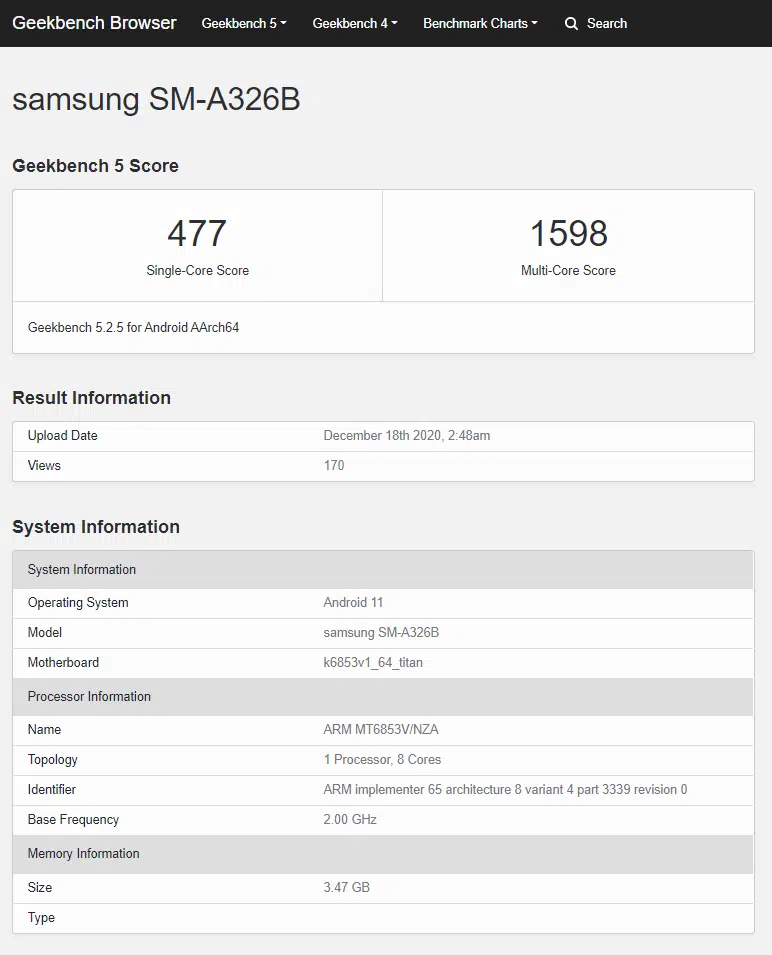 Geekbench 5.2.5 - Samsung Galaxy A32 5G (SM-A326B)