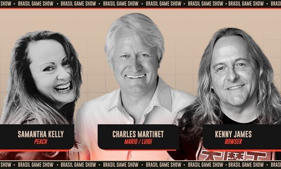 BGS 2023 dubladores Mario, Peach, Bowser, Samantha Kelly, Kenny James, Charles Martinet
