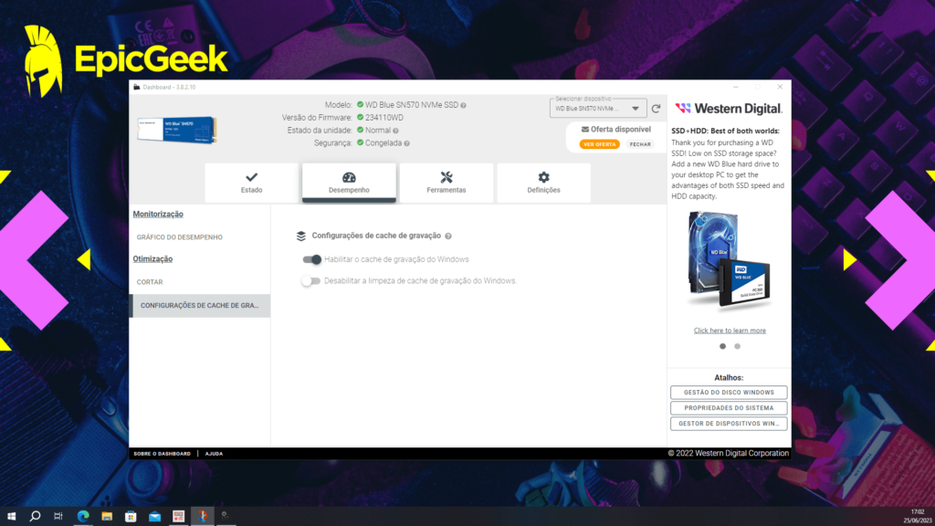 WD Blue SN570 - Western Digital Dashboard - Desempenho - Configurações de Cache de Gravação
