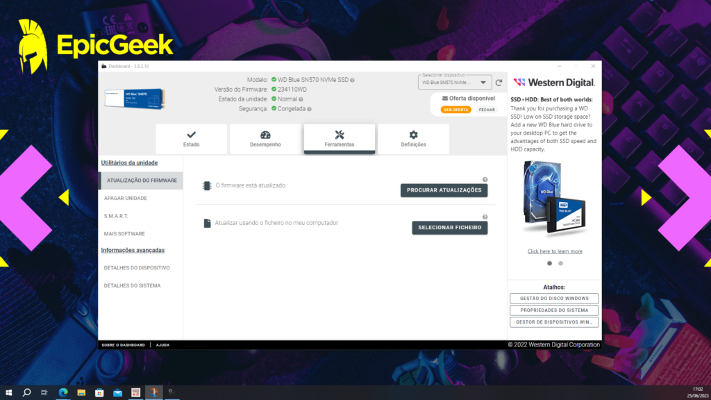 WD Blue SN570 - Western Digital Dashboard - Ferramentas - Atualização de Firmware