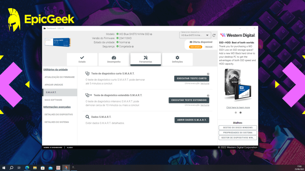 WD Blue SN570 - Western Digital Dashboard - Ferramentas - SMART