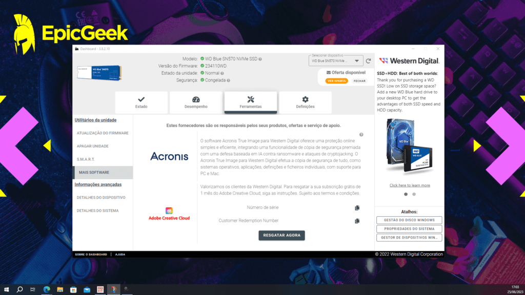 WD Blue SN570 - Western Digital Dashboard - Ferramentas - Mais Software