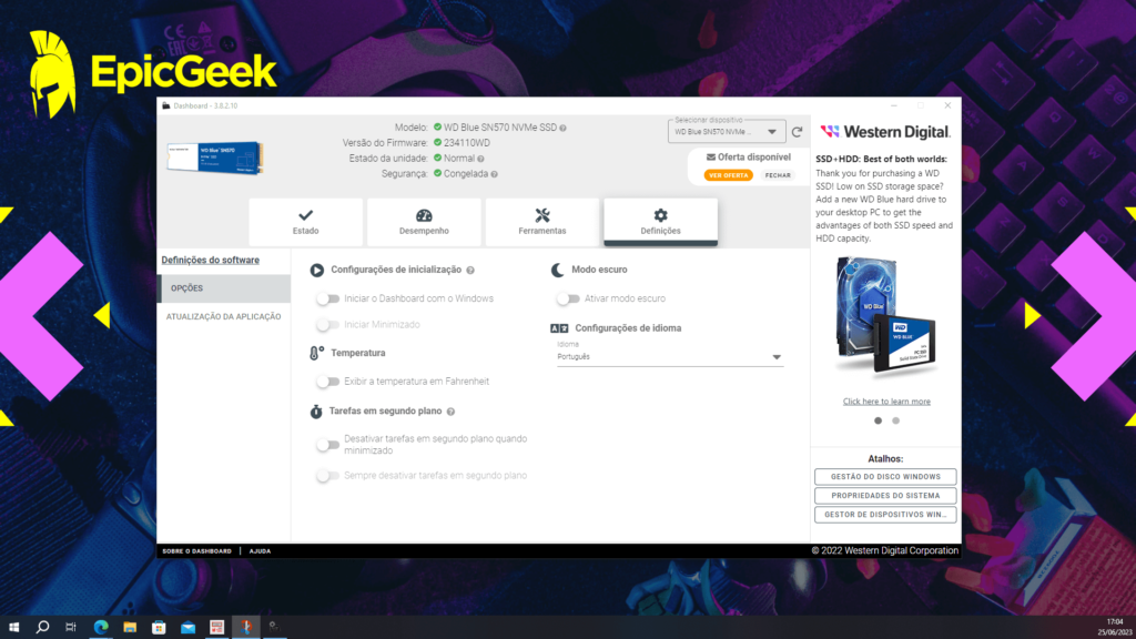 WD Blue SN570 - Western Digital Dashboard - Definições - Opções