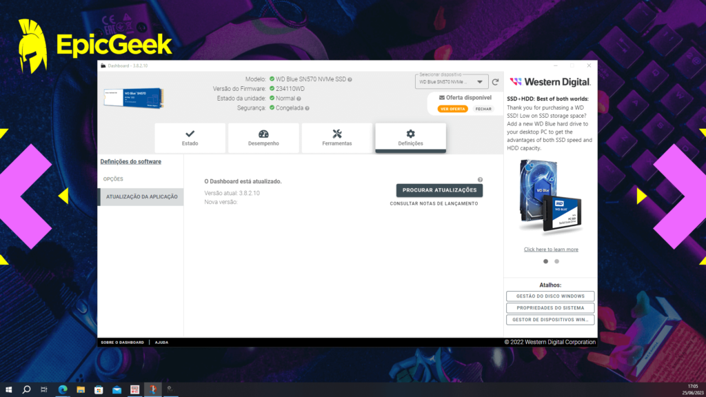 WD Blue SN570 - Western Digital Dashboard - Definições - Atualizações da Aplicação