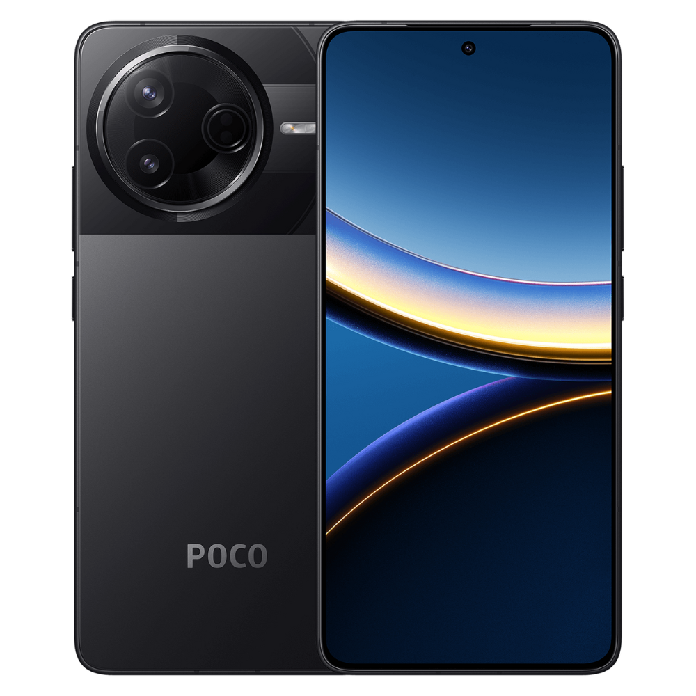 Imagem apresenta o Poco F7 Pro, exibindo tanto a parte frontal quanto a traseira do smartphone. A traseira é predominantemente preta, com um módulo de câmera circular saliente contendo três lentes e um flash LED. Na parte inferior, destaca-se a marca "POCO". A tela frontal possui bordas finas e um recorte centralizado para a câmera frontal, exibindo um papel de parede abstrato com tons de azul e laranja, além de linhas finas em tom dourado.