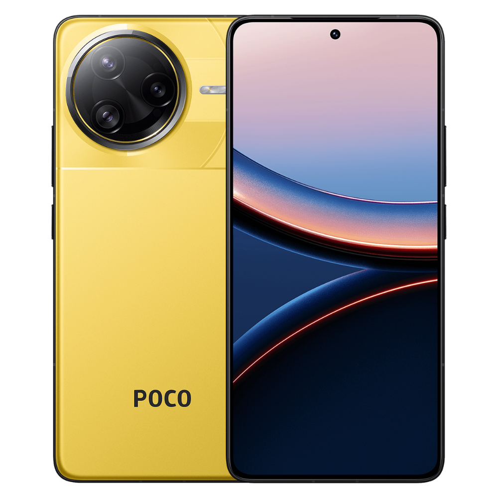 A imagem apresenta o Xiaomi Poco F7 Ultra, exibindo tanto a parte frontal quanto a traseira do smartphone. A parte traseira destaca-se pela cor amarela vibrante com textura, um módulo de câmera circular saliente com três lentes e flash LED, e a marca "POCO" na parte inferior. A tela frontal, com bordas finas e um recorte para a câmera, exibe um papel de parede abstrato em tons de azul e laranja.