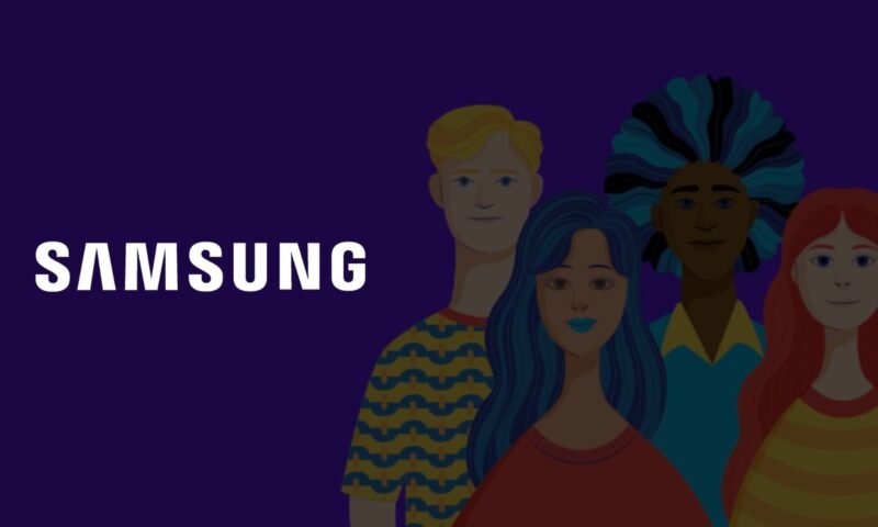 Imagem com fundo roxo traz ilustração com 4 personas de perfis étnicos diferentes em fundo com o logo da Samsung aplicado no lado esquerdo em branco
