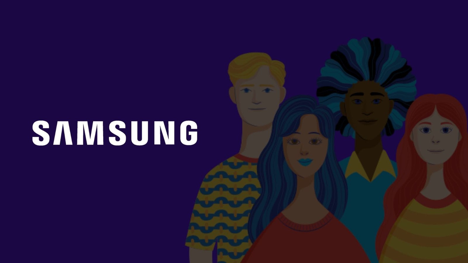 Imagem com fundo roxo traz ilustração com 4 personas de perfis étnicos diferentes em fundo com o logo da Samsung aplicado no lado esquerdo em branco