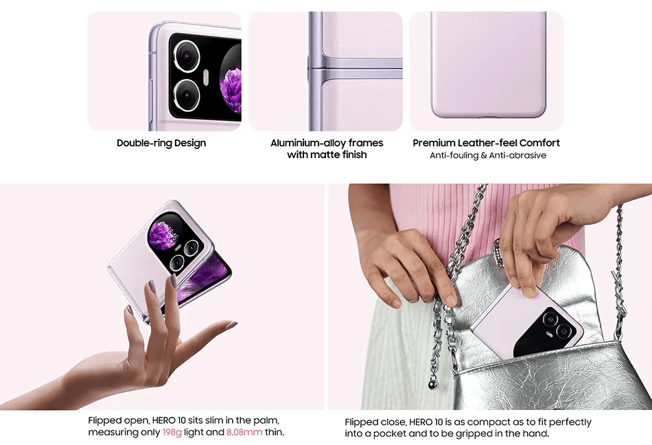Imagem destaca características de design do Blackview HERO 10. O aparelho usado pela marca é na cor rosa e mostra recortes específicos de partes do aparelho, acompanhado de duas imagens que incluem uma mão feminina com unhas pintadas de lilás com um aparelho flutuando sobre ela semi-aberto e uma outra com uma mulher de saia cinza, camisa cinza e bolsa prateada com alça formato corrente tirando o aparelho da bolsa
