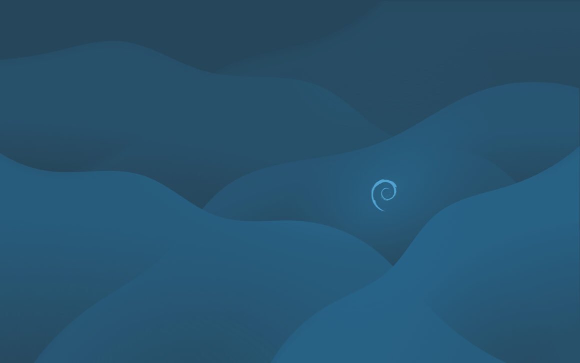 Papel de parede (wallpaper) do tema Ceratopsian criado por Elise Couper e disponibilizado no DebianArtThemes traz arte abstrata em tons azuis e ícone debian centralizado verticalmente e posicionado no último terço à direita