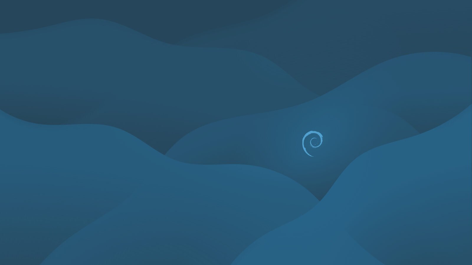 Papel de parede (wallpaper) do tema Ceratopsian criado por Elise Couper e disponibilizado no DebianArtThemes traz arte abstrata em tons azuis e ícone debian centralizado verticalmente e posicionado no último terço à direita