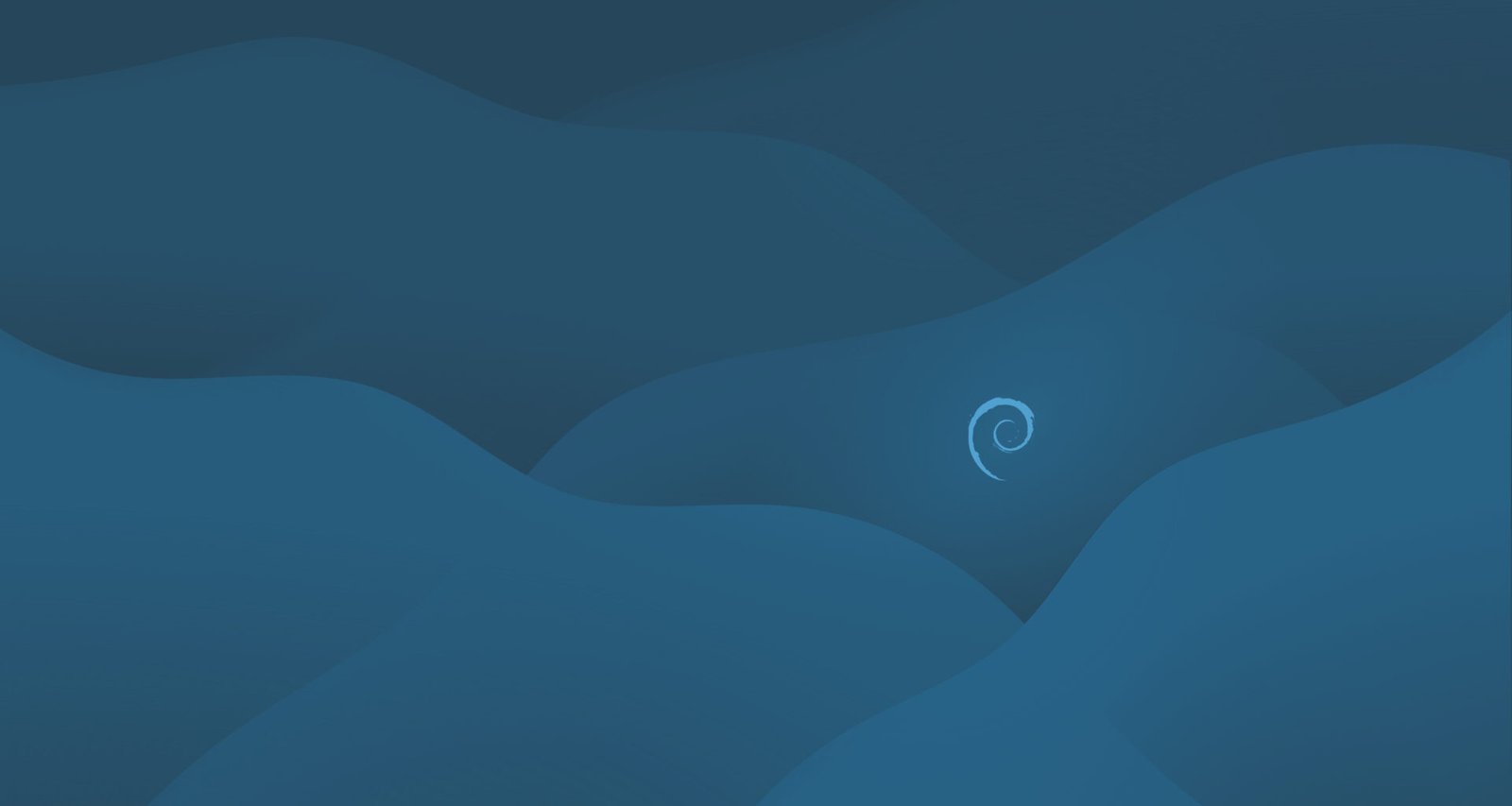 Papel de parede (wallpaper) do tema Ceratopsian criado por Elise Couper e disponibilizado no DebianArtThemes traz arte abstrata em tons azuis e ícone debian centralizado verticalmente e posicionado no último terço à direita