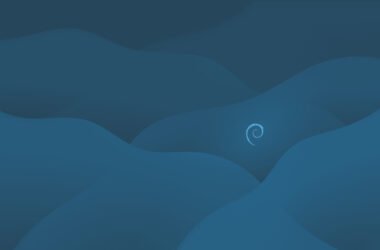 Papel de parede (wallpaper) do tema Ceratopsian criado por Elise Couper e disponibilizado no DebianArtThemes traz arte abstrata em tons azuis e ícone debian centralizado verticalmente e posicionado no último terço à direita