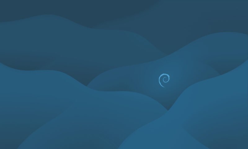 Papel de parede (wallpaper) do tema Ceratopsian criado por Elise Couper e disponibilizado no DebianArtThemes traz arte abstrata em tons azuis e ícone debian centralizado verticalmente e posicionado no último terço à direita