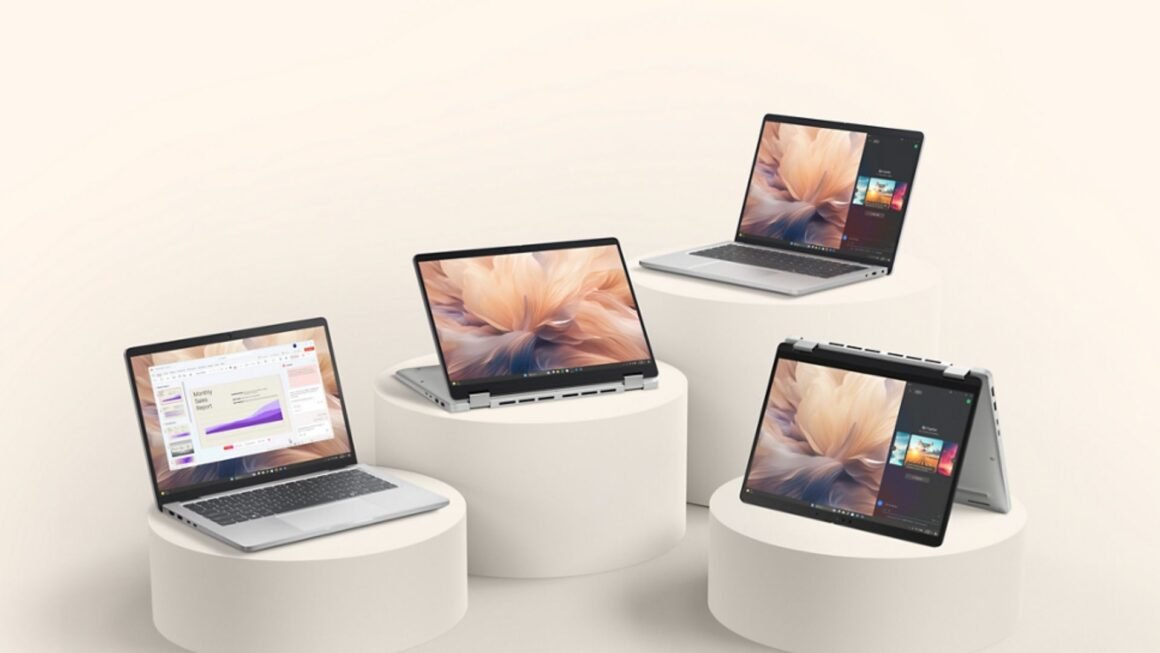 Arte exibe notebooks da linha Dell Pro apresentada durante a CES 2025 com implentações de AI PC, plataforma Intel e design que inclui versão 3 em 1