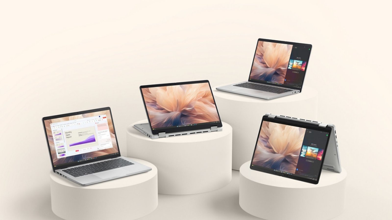 Arte exibe notebooks da linha Dell Pro apresentada durante a CES 2025 com implentações de AI PC, plataforma Intel e design que inclui versão 3 em 1