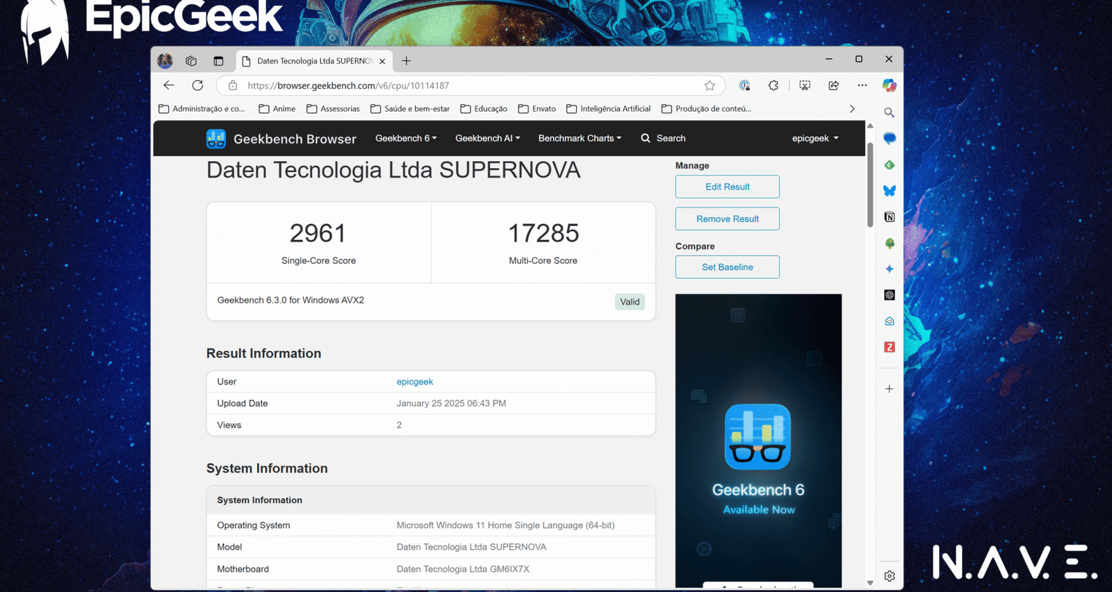 NAVE Gamer Supernova GM6IX7X - Geekbench CPU