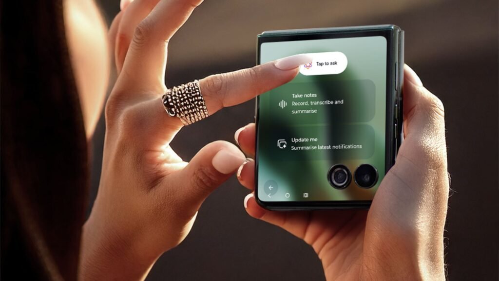 Duas mãos de uma pessoa com pele em um tom médio seguram um smartphone Motorola Razr 60 Ultra fechado em modo compacto. O dedo indicador da mão esquerda, adornado com um anel texturizado dourado, está tocando a tela externa do celular. A tela exibe um menu com opções como "Take notes" (Gravar notas) e "Update me" (Atualizar-me), com ícones correspondentes. A parte inferior da tela mostra ícones de câmera. As unhas da pessoa estão pintadas com um tom claro e brilhante. O fundo é suavemente desfocado, com tons neutros.
