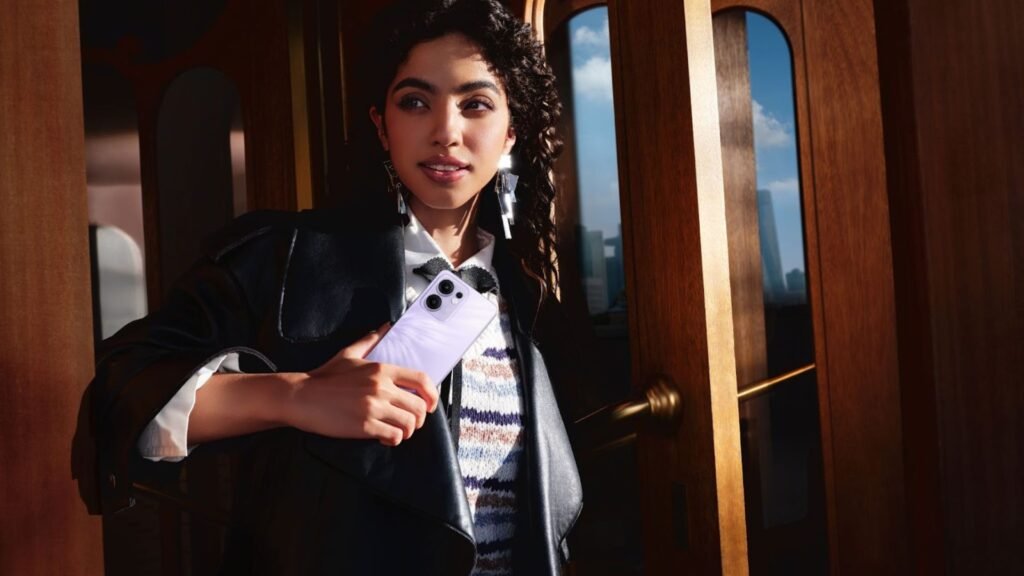 Uma mulher segura um OPPO Reno13 F 5G roxo na mão enquanto está em pé em um corredor estreito. Ela está vestida com uma jaqueta preta e uma blusa listrada e tem cabelos escuros e cacheados. O fundo da imagem mostra um corredor de trem com painéis de madeira e uma janela azul.