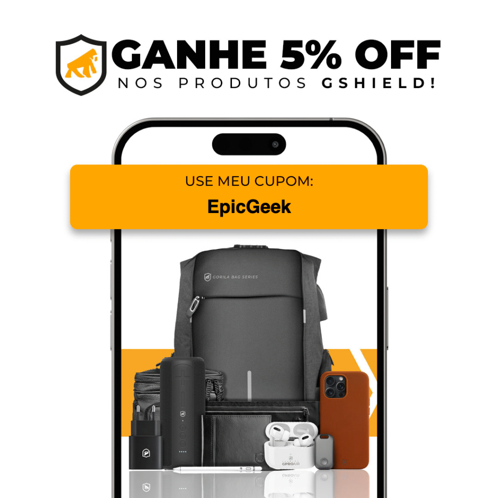 Uma imagem promocional exibindo um smartphone mostrando diversos produtos da GShield, incluindo uma mochila preta, um carregador de celular preto, fones de ouvido brancos dentro de um estojo branco, um celular com uma capa marrom e uma caneta stylus branca. No topo da imagem, há um logotipo da GShield com um gorila dentro de um escudo e a frase "GANHE 5% OFF NOS PRODUTOS GSHIELD!". Abaixo, dentro do smartphone, há uma faixa laranja com o texto "USE MEU CUPOM:" seguido do código "EpicGeek".