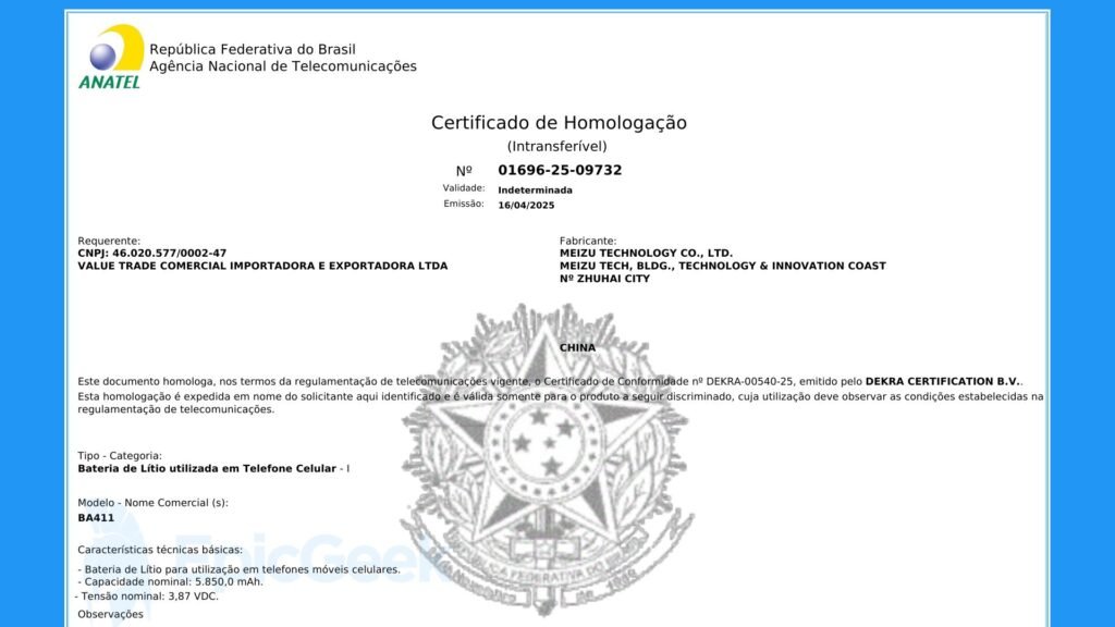 MEIZU BA411 Anatel Bateria