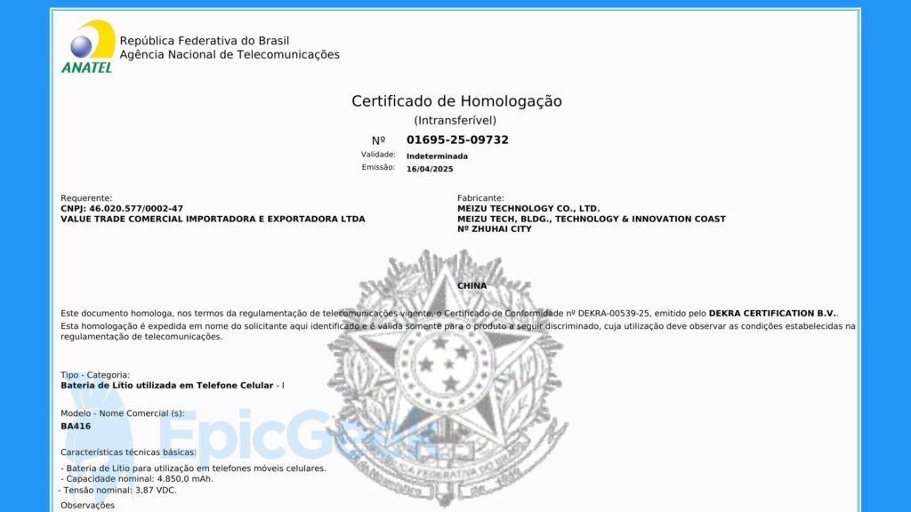 MEIZU BA416 Anatel Bateria