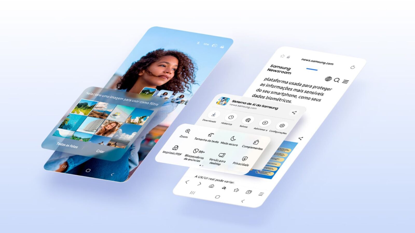A imagem exibe duas reproduções de telas de smartphones, com a interface One UI 8 da Samsung. A tela em primeiro plano mostra um aplicativo de galeria de fotos com a legenda "Selecione uma imagem para usar como filtro". A tela ao fundo exibe o Samsung Internet Browser com a página da Samsung Newsroom carregada e em destaque, um menu de opções flutuante, que inclui "Modo escuro" e "Privacidade".