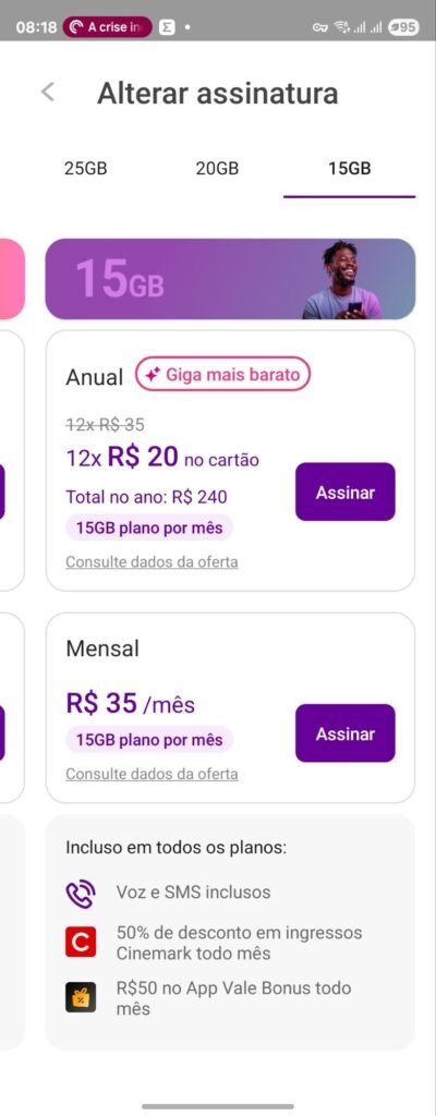 Captura da tela do Vivo Easy Lite 15GB, exibindo valores para assinatura mensal e anual