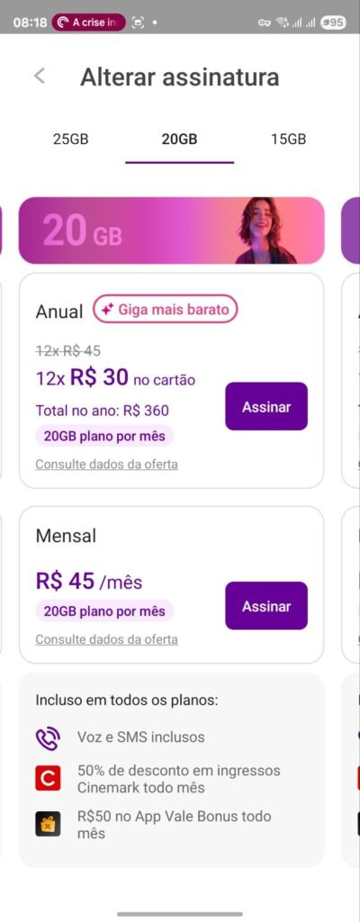 Captura da tela do Vivo Easy Lite 20GB, exibindo valores para assinatura mensal e anual