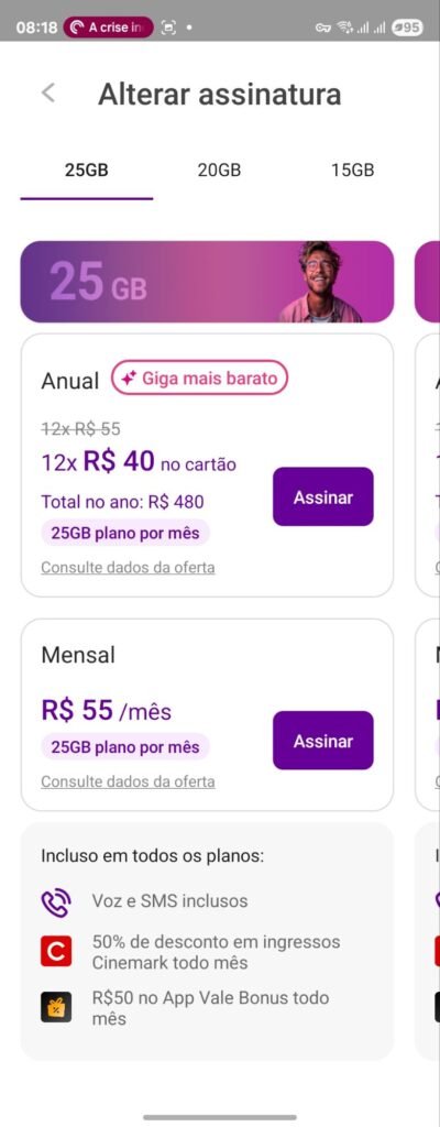 Captura da tela do Vivo Easy Lite 25GB, exibindo valores para assinatura mensal e anual