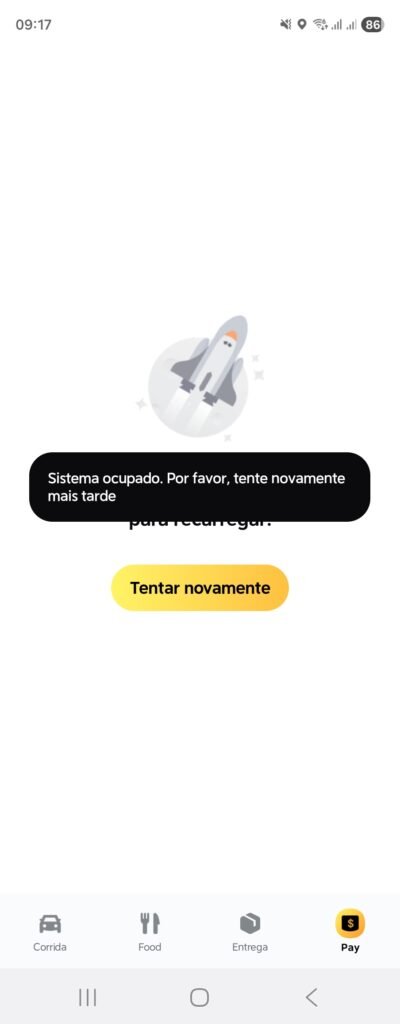 99App apresenta mensagem de erro ao tentar acessar aba do 99Pay em 15/10/2025