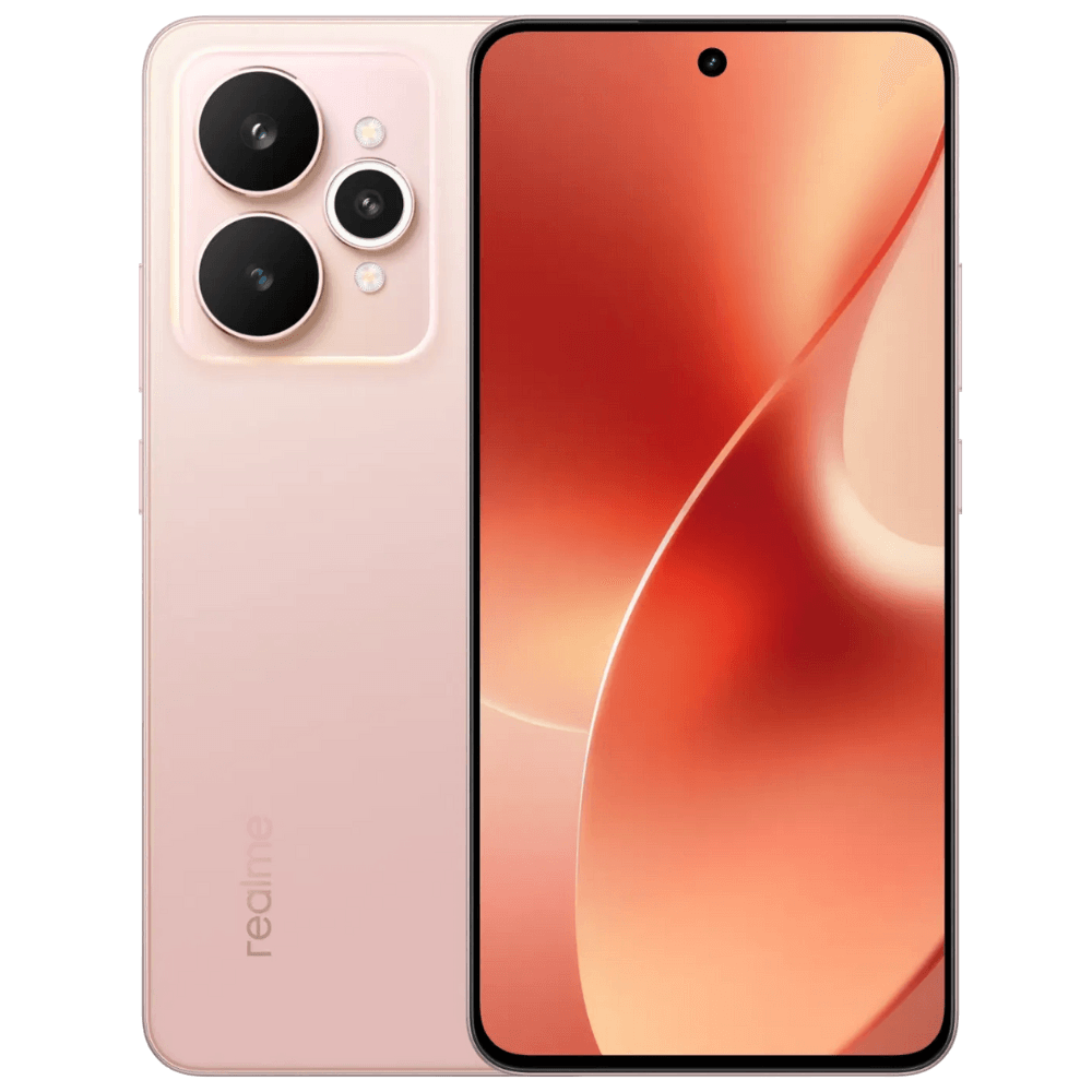 Foto oficial do realme 15 5G na cor Silk Pink, mostrando design frontal e traseiro.