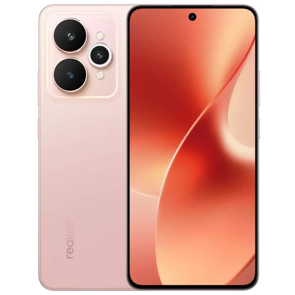 Foto oficial do realme 15 5G na cor Silk Pink, mostrando design frontal e traseiro.