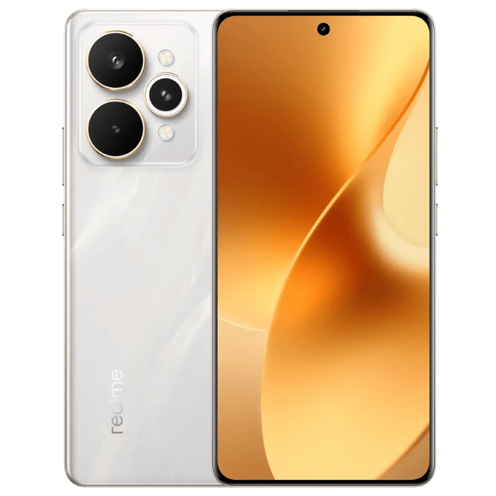 Foto oficial do realme 15 Pro 5G na cor Prata Flowing, mostrando design frontal e traseiro.