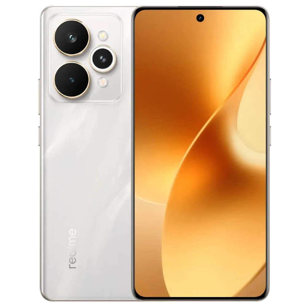 Foto oficial do realme 15 Pro 5G na cor Prata Flowing, mostrando design frontal e traseiro.