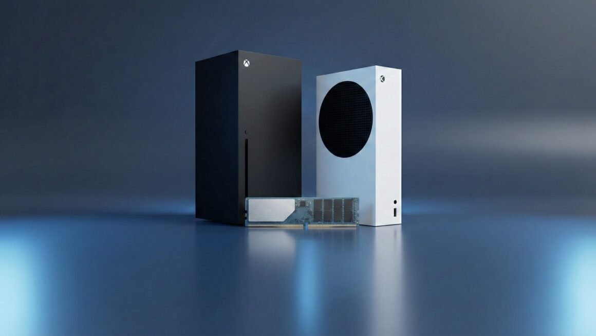 Consoles Xbox Series X e Xbox Series S lado a lado com um módulo de memória RAM em primeiro plano, ilustrando a escassez de componentes que pode pressionar o aumento de preços do hardware da Microsoft