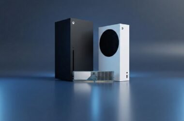 Consoles Xbox Series X e Xbox Series S lado a lado com um módulo de memória RAM em primeiro plano, ilustrando a escassez de componentes que pode pressionar o aumento de preços do hardware da Microsoft