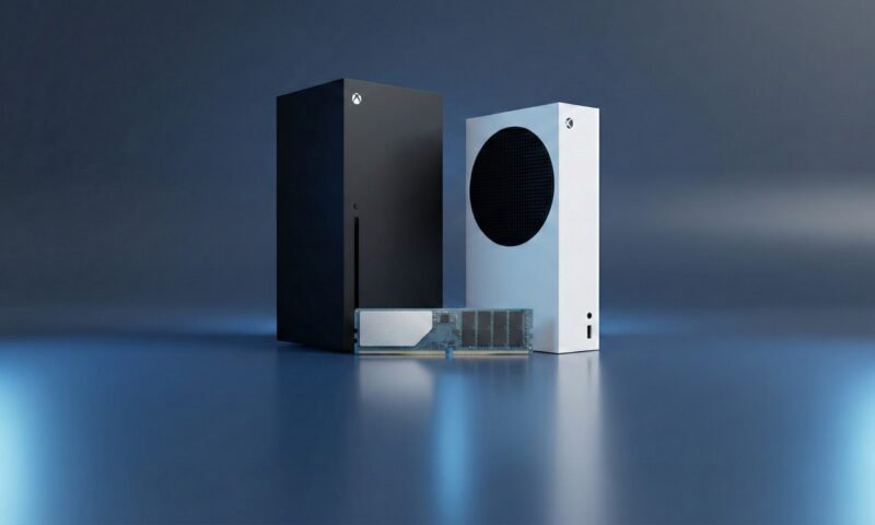 Consoles Xbox Series X e Xbox Series S lado a lado com um módulo de memória RAM em primeiro plano, ilustrando a escassez de componentes que pode pressionar o aumento de preços do hardware da Microsoft