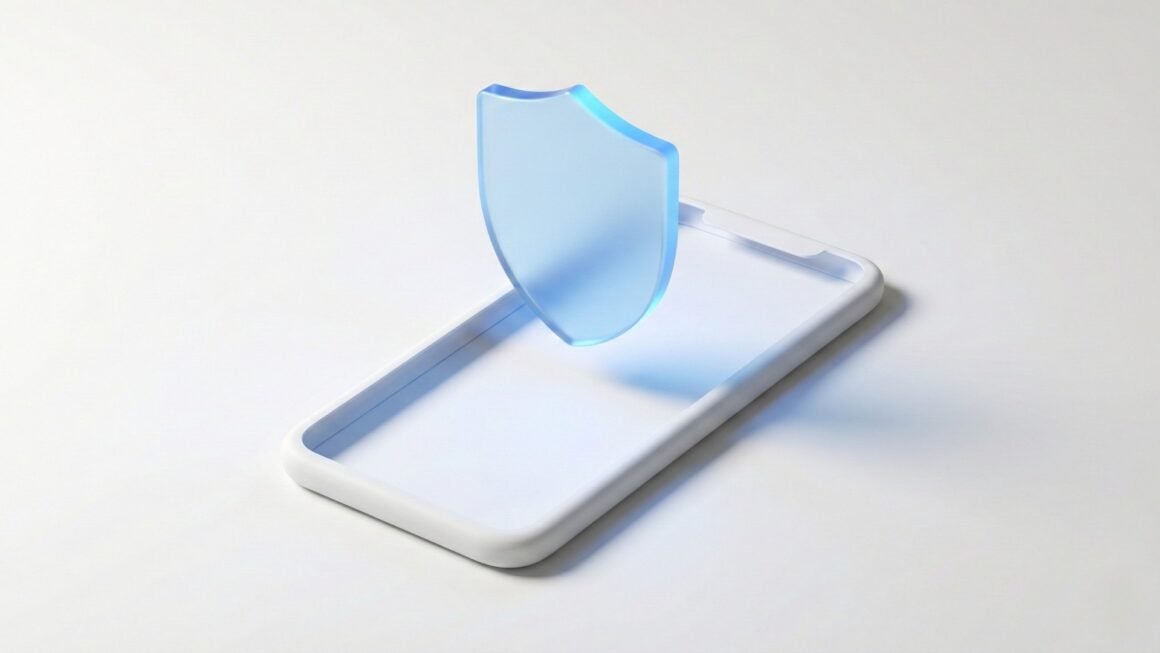 Escudo de proteção digital azul brilhando suavemente sobre a silhueta minimalista de um smartphone, simbolizando a ativação de ferramentas de supervisão e segurança online