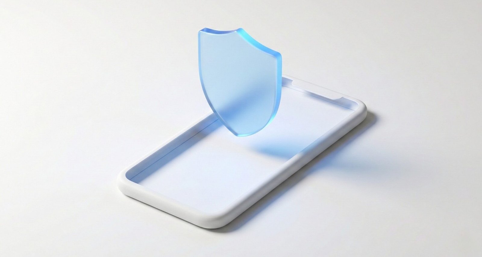 Escudo de proteção digital azul brilhando suavemente sobre a silhueta minimalista de um smartphone, simbolizando a ativação de ferramentas de supervisão e segurança online