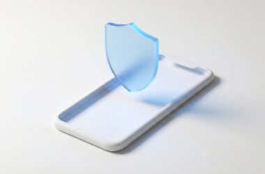 Escudo de proteção digital azul brilhando suavemente sobre a silhueta minimalista de um smartphone, simbolizando a ativação de ferramentas de supervisão e segurança online