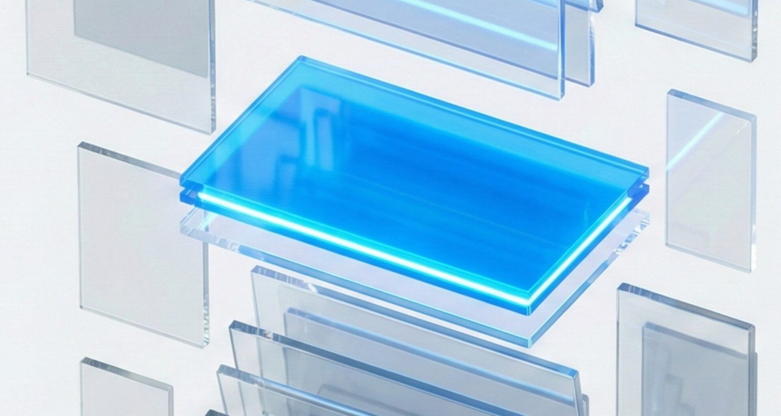 Fluxo vertical de cartões de dados transparentes onde apenas um se destaca em azul vibrante, representando o sistema de ranking e seleção de conteúdo do algoritmo do Instagram