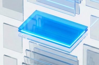 Fluxo vertical de cartões de dados transparentes onde apenas um se destaca em azul vibrante, representando o sistema de ranking e seleção de conteúdo do algoritmo do Instagram